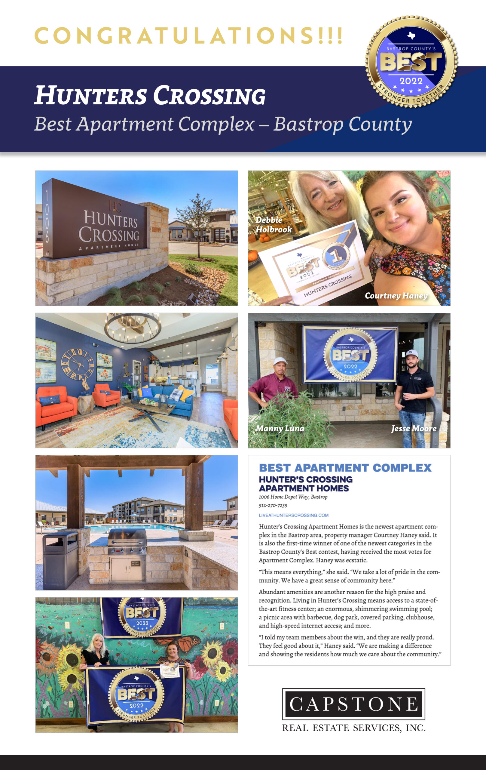 Hunters Crossing Wins Best Apartment Complex Capstone Real Estate 